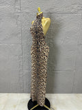 Refined Leopard Print Maxi Dress Women Sexy Halter Neck Sleeveless Sequin Embellished Bodycon Outfit Nightclub Party Costume