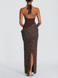 Glam Halter Cutout Maxi Dress for Women Solid Sleeveless Bodice Sequin Draped Wrap Skirt Back Slit for Evening Occasions
