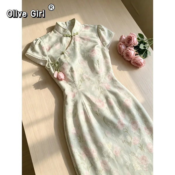 Olive Girl Flowing Sleeve Qipao for Ren Faire 2026 Garden Wedding Fairycore Photoshoot Everyday Wear S-XXL XS-3XL Plus Size Flowing Sleeve Dramatic Silhouette Romantic Garden Party Editorial Not Costume Chinese Heritage Fashion Women