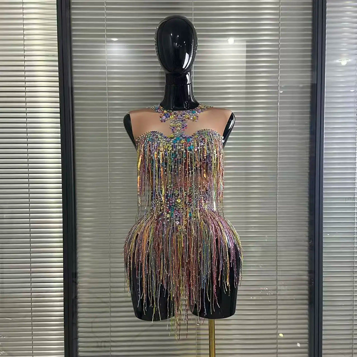 Colorful Tassels Women Sexy High Stretch Bodycon Bodysuit Vening Dress Night Club Dancer Performance Costume
