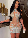 Sexy Skinny Women Dress Mesh Shiny Rhinestone See Through Coquette Mini Bodycon Hot Girls Ball Gown Party Clubwear