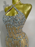 Women Luxury Crystals Diamonds Sexy Halter Mesh See Through Celebrate Birthday Gowns Evening Party Nightclub Singer Stage Wear