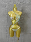 Gold Luxurious Black Bodysuit Women Sexy Halter Neck Iridescent Crystal Embellished Cutout Outfit Stage Performance Costume