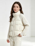 Women Cropped Puffer Jacket Stand Collar Cable Knit Sleeves Patchwork Zip Up Lightweight 2026 Lady Quilted Winter Warm Outerwear