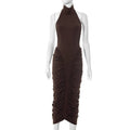 Halter Pleated Maxi Dress For Women Sleeveless Sexy Backless Dress High Street Evening Party Clothes Bodycon Fashion