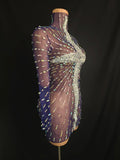 Luxury Rhinestone Tight Short Dress Women Long Sleeve Evening Party Prom Gown Birthdy Nightclub Performance Costume