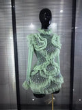 Women Long Sleeve Sexy Mesh Ruffles Bodycon Mini Dress See Through Celebrate Nightclub Party Bar Singer Birthday Wear