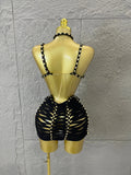 Women Sexy Sparkly White Braided Halter Mini Dress Gold Bead Trim Cutout Sides Ideal Beach Parties Vacations Special Occasions