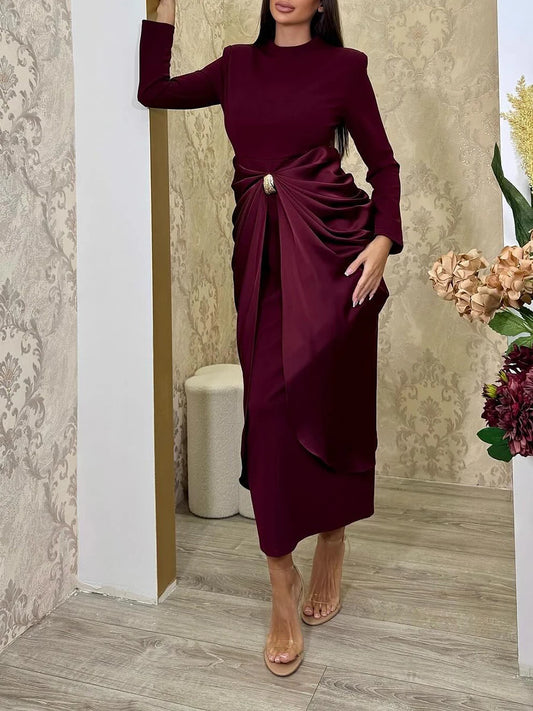 Sexy Evening Party Black Color Midi Dress for Women O Neck Long Sleeve Pachwork Metal Buckle Folds Bodycon Dresses Female