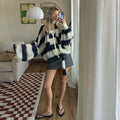 Fashion Striped Sweater Cardigan With Scarf Female Loose Thin Hollow Knitted Top Lantern Sleeve Contrast Color Retro Top