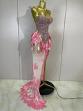 Luxury Sparkly Diamonds Pearls Strapless Mesh Maxi Dress Elegant Eveing Birthday Party Sexy Nightclub Performance Stage Costume