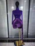 Purple Color Women Long Sleeve Shining Rhinestones Mesh See Through Bodycon Mini Dress Draped Celebrate Nightclub Party Outfit