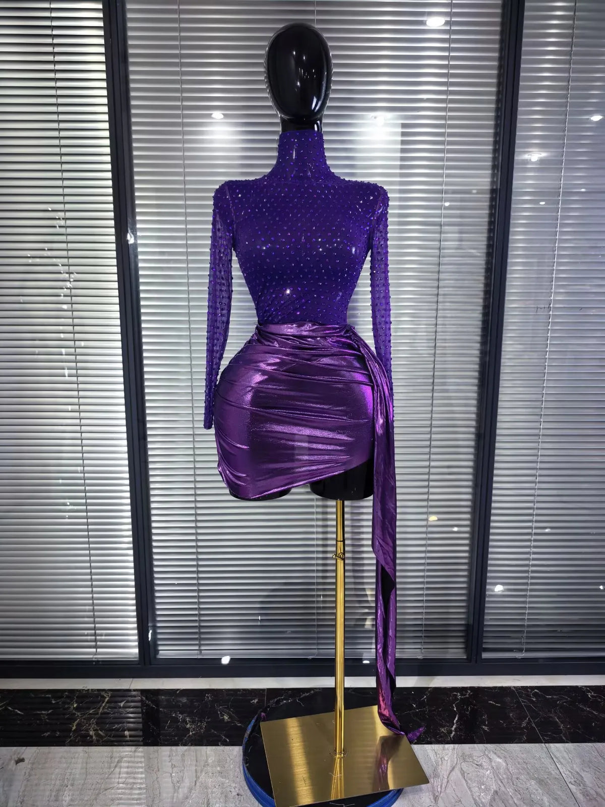 Purple Color Women Long Sleeve Shining Rhinestones Mesh See Through Bodycon Mini Dress Draped Celebrate Nightclub Party Outfit