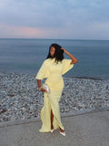 Chic Yellow Backless Lace Up Slit Dress Women Pleated Half Sleeved Waist Cinched Dresses Lady 2026 Spring New Evening Party Robe