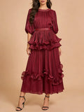Elegant Chiffon Layered Ruffles Design Dress for Women Short Sleeves Waist Belt Spliced Diamonds Accent for Afternoon Tea