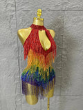 Sexy Rainbow Gradient Fringe Halter Bodysuit Rhinestone Choker Women Stage Performance Carnival Party Outfit