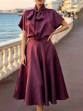 Satin Two Piece Sets for Women Bow Tie Mock Neck Blouse High Waist Flared A‑Line Maxi Skirt for Formal Banquet Party Wear