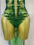 Women Sparkly Green Rhinestone Tassels Sexy Latin Dancer Mesh Bodysuit Eveing Party Birthday Nightclub Performance Stage Costume