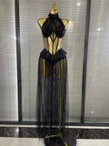 Black Color Women Sexy Halter Shining Rhinestones Mesh See Through Bodycon Bodysuit Bar Dancer Singer Performance Costumes