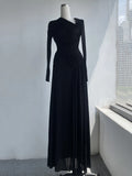 Elegant Women Pleated Solid Slim Maxi Dresses Women V Neck Long Sleeve High Waist Long Dress Female Party Prom Gowns