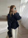 Office Lady Spliced Lace Up Slim Coat for Women Lapel Long Sleeve Solid Temperament Fashion Short Jacket Female New