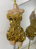 Sparkly Sequins Diamonds Women Sexy Mesh Strapless Short Sleeveless Gold Party Nightclub Performance Costume Stage Wear