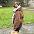 Brown Suede Shearling Lined Hooded Cropped Jacket Women's Bomber Coat  Warm Winter Outerwear Fashion High Street Lady Outfit