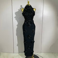 Women Black Red Beaded Flower Mesh Patchwork Long Bandage Dress Celebirty Elegant Prom Evening Club Party Birthday Dresses