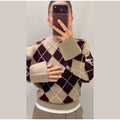 Argyle Jacquard Knit Pullover Women Khaki Crew Neck Drop Shoulder Flare Sleeve Sweater Autumn Winter Vintage Casual Fashion Top