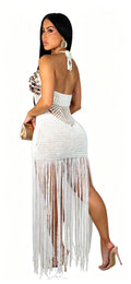 Sexy Cutout Crochet Beach Dress 2026 Summer Women One Shoulder Backless Knitted Sequined Fringe Tassel Midi Dress Clubwear