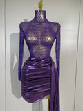 Sexy Mesh See Through Purple Long Sleeves Mini Dress Luxury Sparkly Diamond Birthday Evening Party Nightclub Team Stage Costume