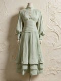 Luxury Afternoon Tea High Neck Pleated Maxi Dress for Women Puff Sleeve Ruched Waist Tiered Flared Skirt for Wedding Guest