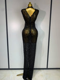 Sparkly Gold Rhinestone Sleeveless Stretch Long Dress Women Sexy Mesh Celebrate Evening Prom Birthday Dress Photo Shoot Wear