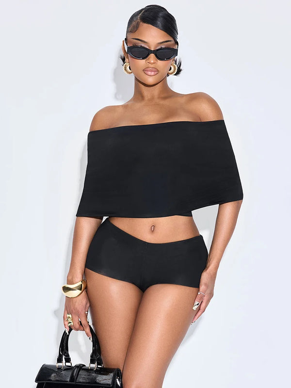 Summer 2 Piece Set Women Simple Trend Slash Neck Mid Sleeve Crop Tops+Shorts+Foot Cover Matching Streetwear Outfits