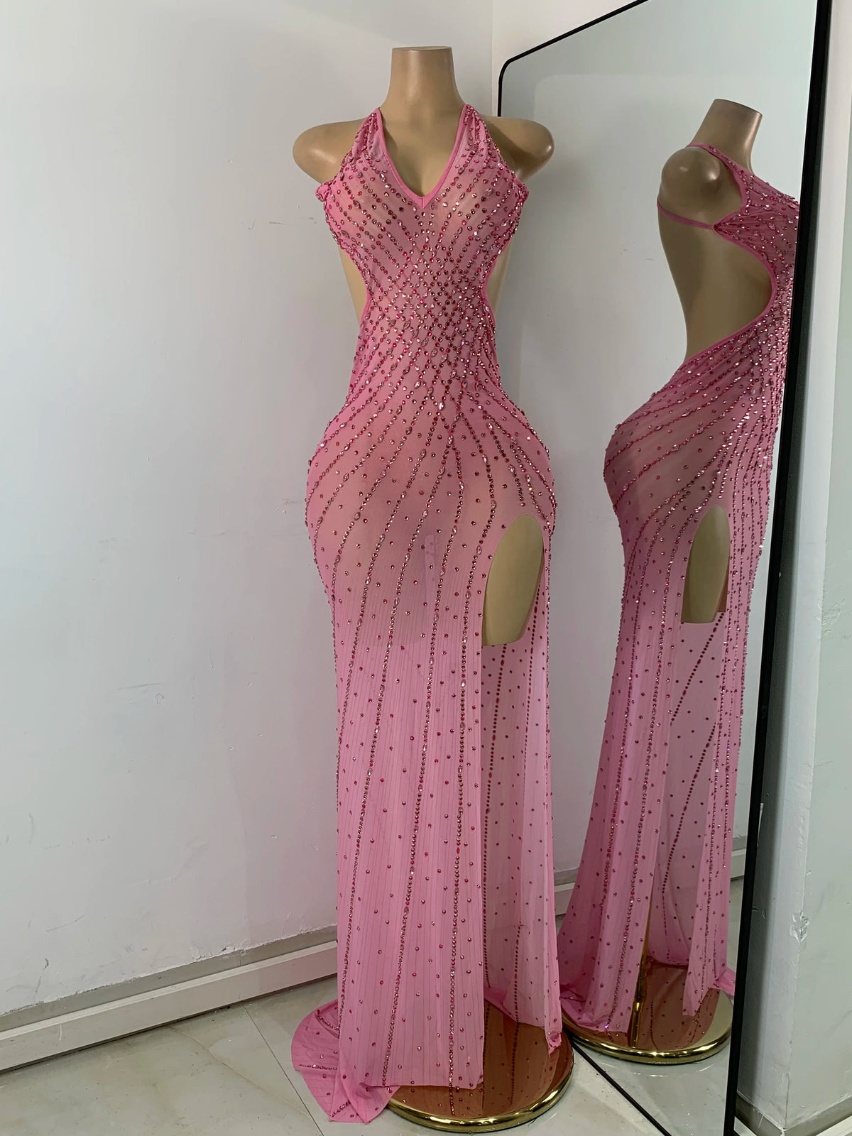 Luxury Rhinestones Pink Elegant Princess Long Dress Design Women Sexy Mesh Split Backless See Through Dresses For Special Events