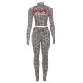 Leopard Letter Tracksuit Women 2 Piece Set Y2K Zip Crop Jacket+Metal Sash Leggings Sporty Matching Stretch Streetwear