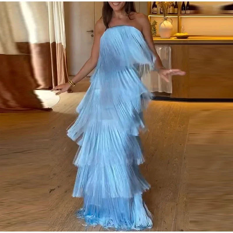 Ladies Strapless Fringe Maxi Gown Tiered Asymmetrical Sleeveless Slim Robe Summer Beach Club Cocktail 2026 New Chic Hot Vestidos