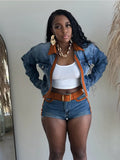 Denim Hipster 2piece Set Woman Pocket Zip Polo-Neck Crop Jacket+Skinny Shorts Street Vintage Casual Matching Outfits