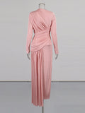 Elegant Slim Fit Folds Irregular Long Dress Fashion Women Long Sleeve Diagonal Collar Robes 2025 Chic Party Banquet Wear