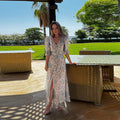 Elegant Women's Printed Pleated Dress Slim Short Bubble Sleeve V-neck Split Dresses 2026 Spring Summer Lady Fashion Holiday Robe