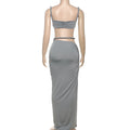 Bandage Ruched 2 Piece Set Women Square Collar Bra+Skinny Long Skirts 2025 Summer Vacation Beach Party Trend Suits