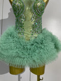 Women Birthday Party Costume Bar Nightclub Singer Sexy Stage Performance Outfit Sparkly Green Diamonds Mesh See Through Bodysuit