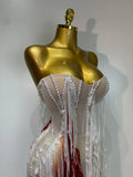 Sparkly Tassel Pearl Strapless High Slit Dress Luxury Evening Party Gown Nightclub Singer Performance Costume Festival Dresses