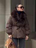 Women Short Belted Puffer Jacket Large Faux Fox Fur Collar Waist Tie Puff Sleeve Thick Warm Coat Winter Elegant 2026 Streetwear