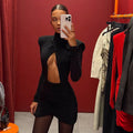 Black Hollow Out Mini Dress Women Chic Long Sleeves Waist Cinching Slim Short Dresses Lady Fashion Evening Party Vestidos