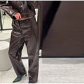 Women's Brown Faux Leather Pants Set Fashion Lapel Single Breasted Cropped Jacket Wide Leg Trouser Lady Autumn Chic Outfits