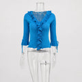 Ruffled Knit Casual Pullover Women's Bow Lace Up V-Neck Solid Slim Commuter T-Shirt Summer New Female Party Vacation Top