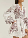 Casual V Neck Floral Embroidery Puff Long Sleeves Mini Dress for Women Lace Trim Button Front Dresses for Summer Vacation