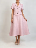 Office Sequin Tweed Two Piece Sets for Women Lapel Short Sleeve Cropped Jacket High Waist Midi A Line Skirt Formal Outfit