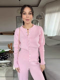 Women's Knitted Pants Two-piece Set Fashion Long Sleeve Single Breasted Sweater Wide-leg Pants Lady 2026 Spring Casual Outfits